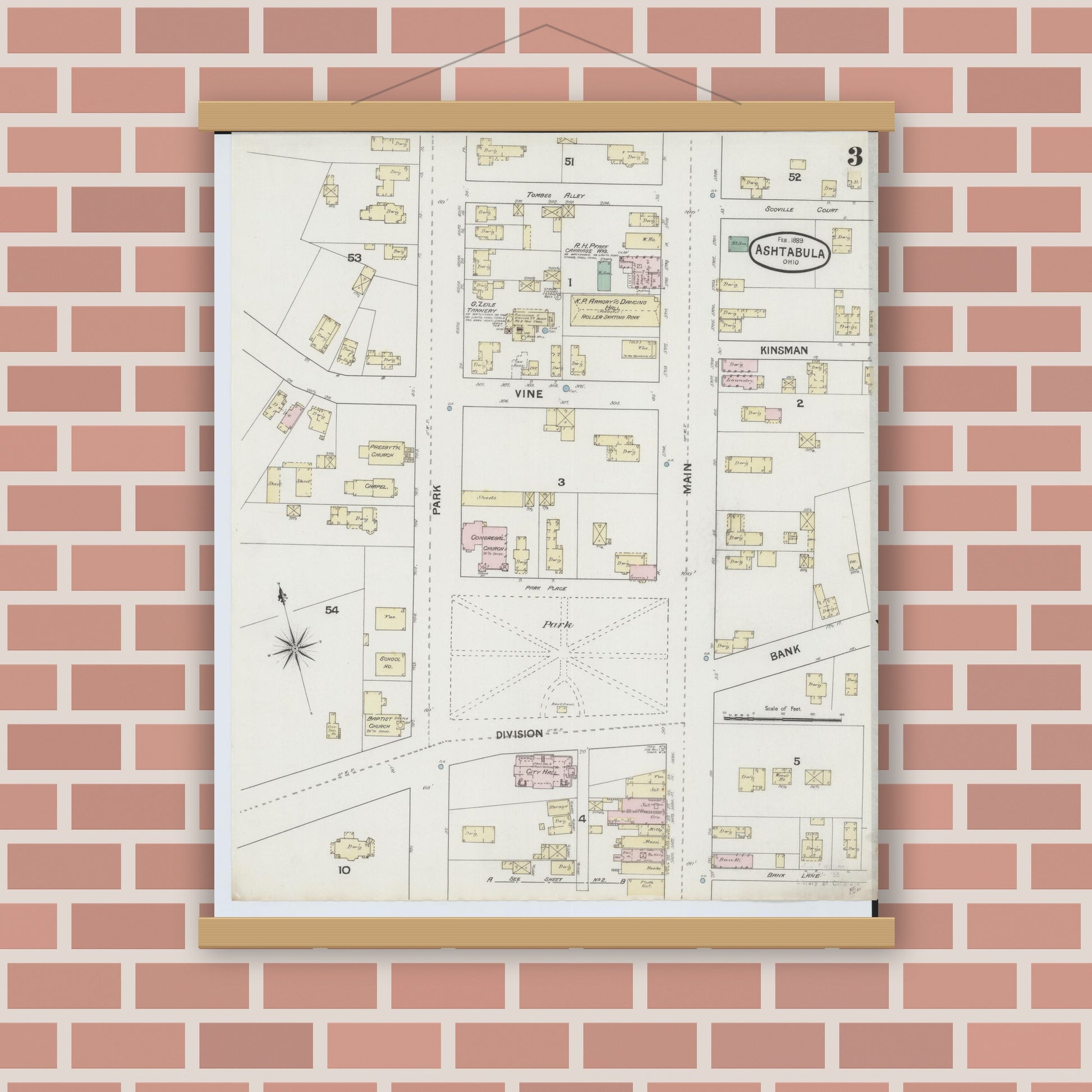 Old map wall art mockup — magnetic wood frame on brick wall — Sanborn Fire Insurance Map from Ashtabula, Ashtabula County, Ohio (1889), Sheet #0003