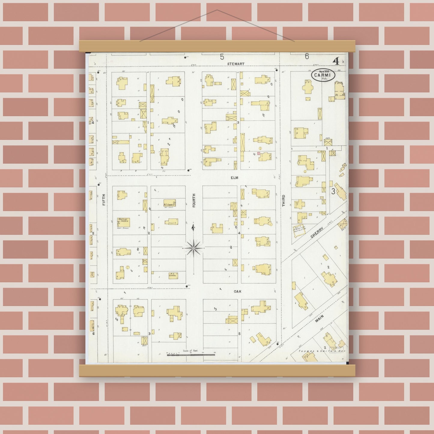 Old map wall art mockup — magnetic wood frame on brick wall — Sanborn Fire Insurance Map from Carmi, White County, Illinois (1899), Sheet #0004