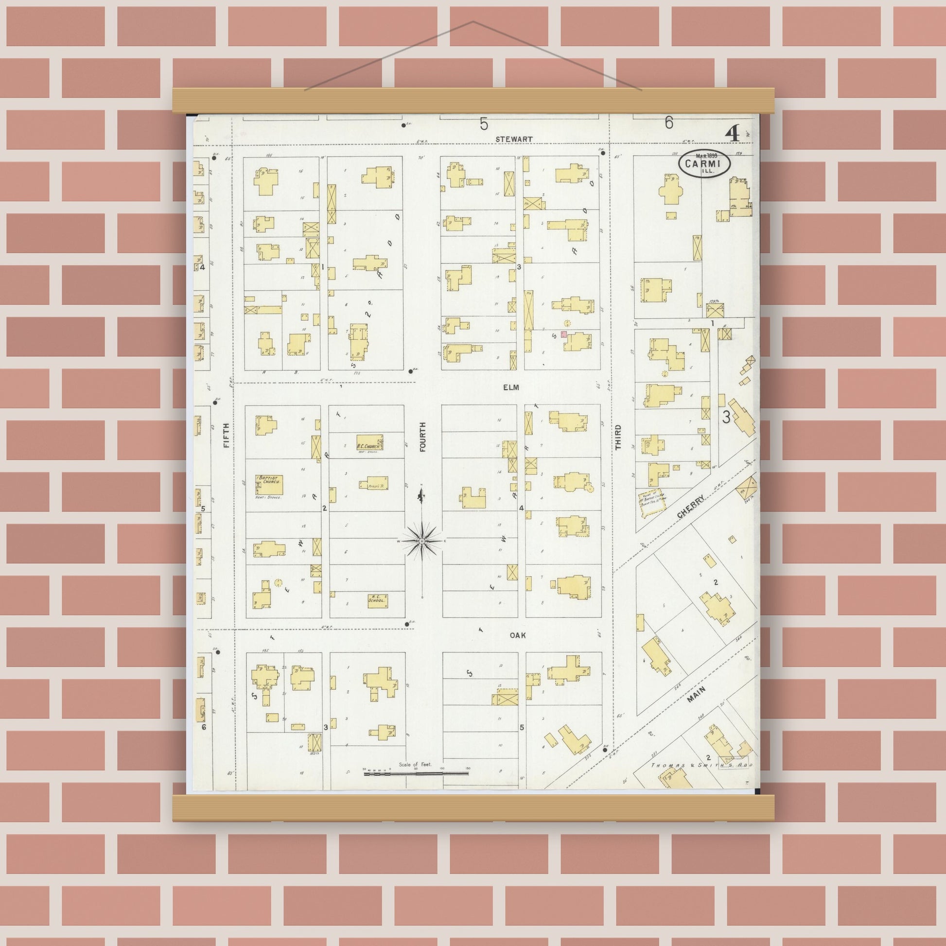 Old map wall art mockup — magnetic wood frame on brick wall — Sanborn Fire Insurance Map from Carmi, White County, Illinois (1899), Sheet #0004