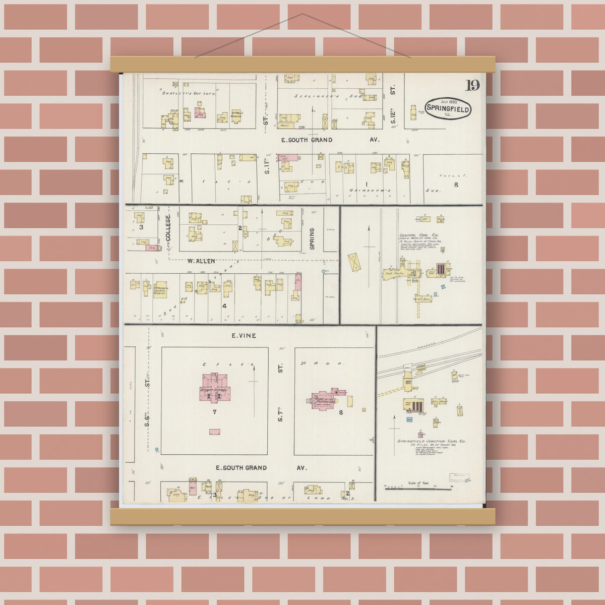 Old map wall art mockup — magnetic wood frame on brick wall — Sanborn Fire Insurance Map from Springfield, Sangamon County, Illinois (1890), Sheet #0019