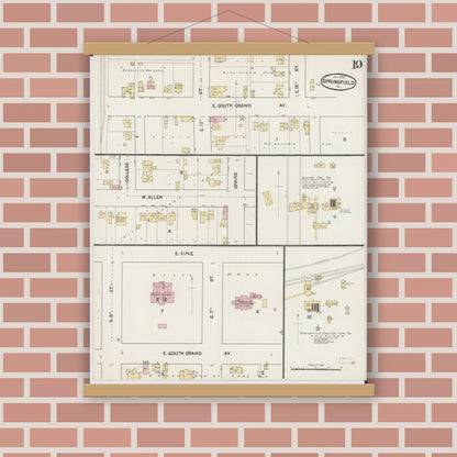 Old map wall art mockup — magnetic wood frame on brick wall — Sanborn Fire Insurance Map from Springfield, Sangamon County, Illinois (1890), Sheet #0019