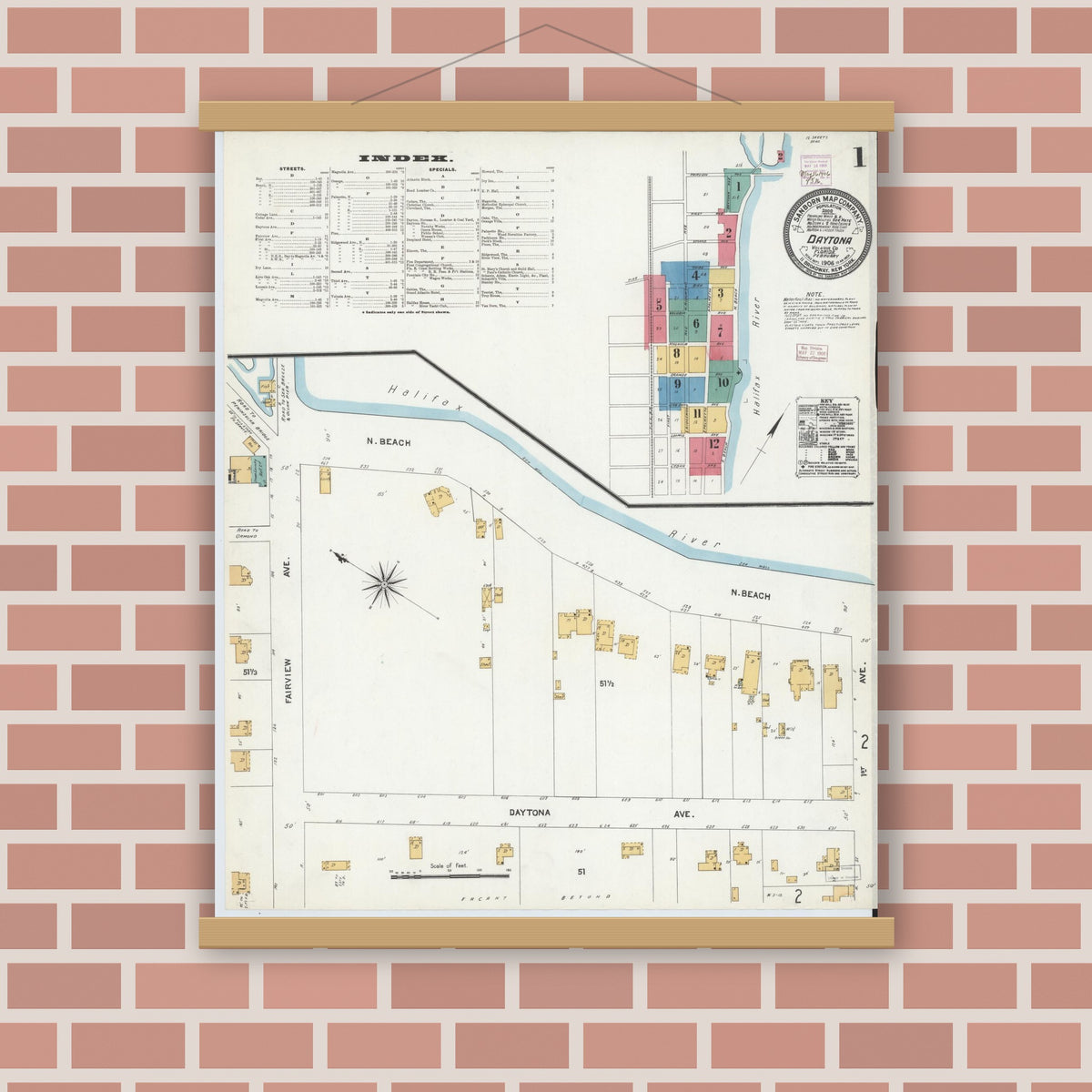 Old map wall art mockup — magnetic wood frame on brick wall — Sanborn Fire Insurance Map from Daytona, Volusia County, Florida (1906), Sheet #0001