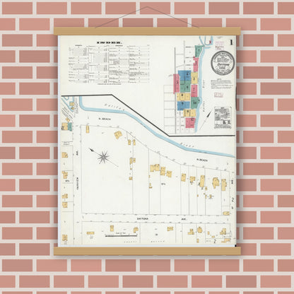 Old map wall art mockup — magnetic wood frame on brick wall — Sanborn Fire Insurance Map from Daytona, Volusia County, Florida (1906), Sheet #0001