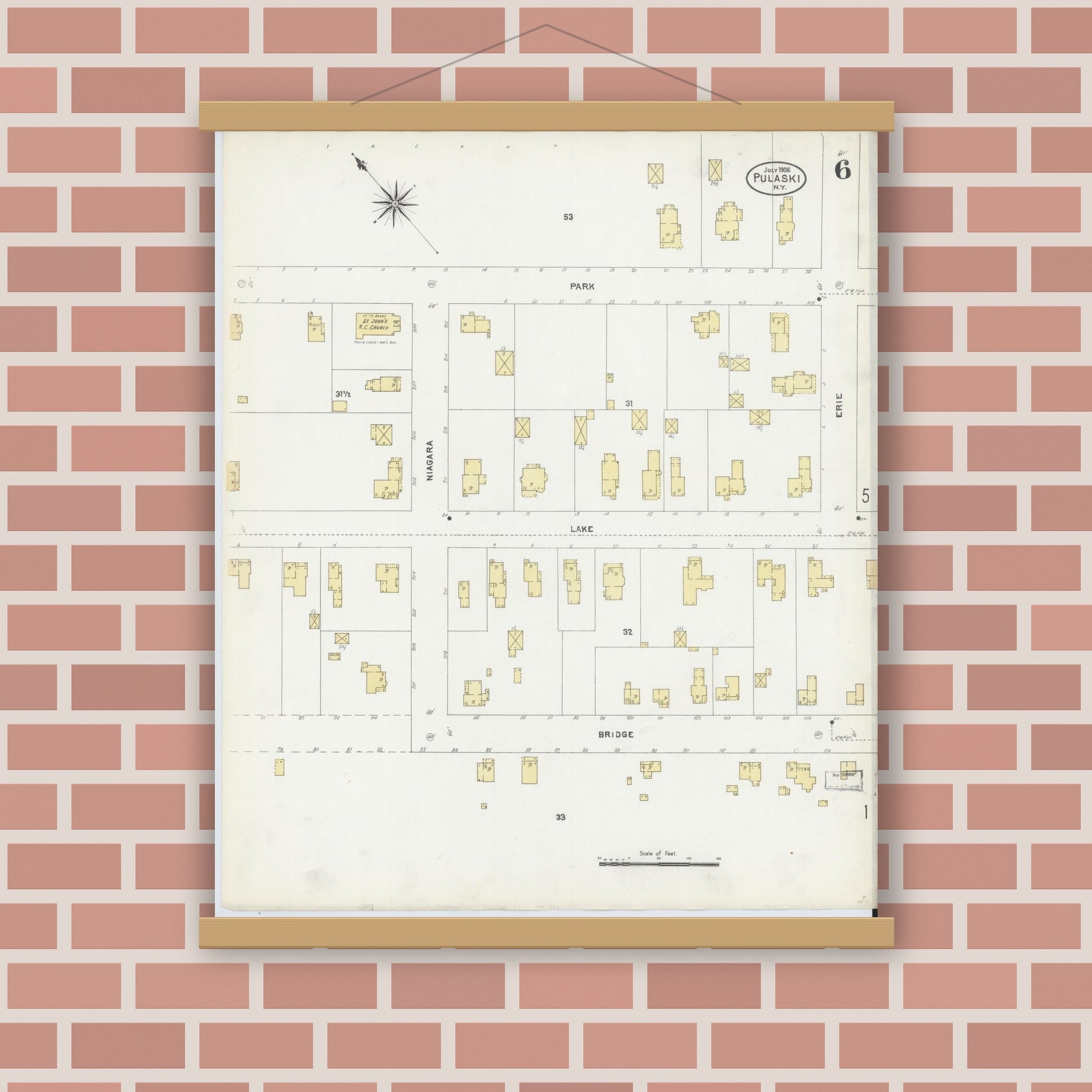 Old map wall art mockup — magnetic wood frame on brick wall — Sanborn Fire Insurance Map from Pulaski, Oswego County, New York (1906), Sheet #0006