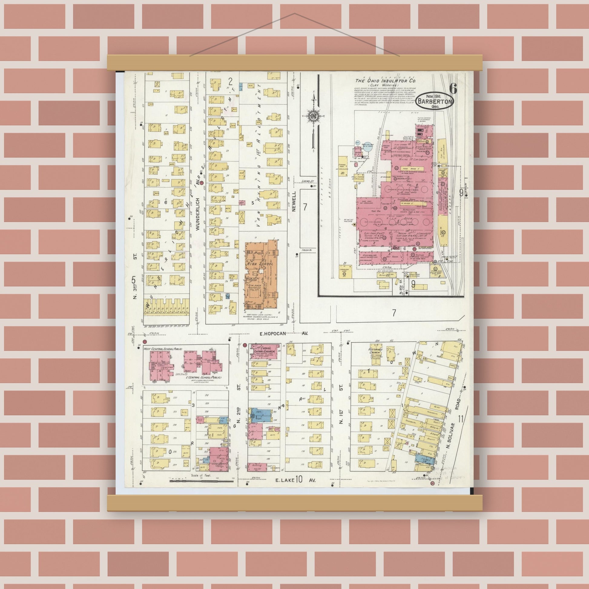 Old map wall art mockup — magnetic wood frame on brick wall — Sanborn Fire Insurance Map from Barberton, Summit County, Ohio (1916), Sheet #0006