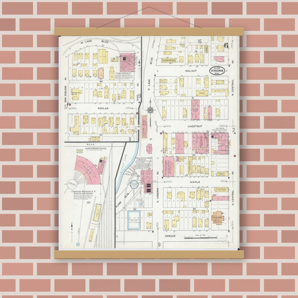 Old map wall art mockup — magnetic wood frame on brick wall — Sanborn Fire Insurance Map from Virginia, Saint Louis County, Minnesota (1915), Sheet #0006