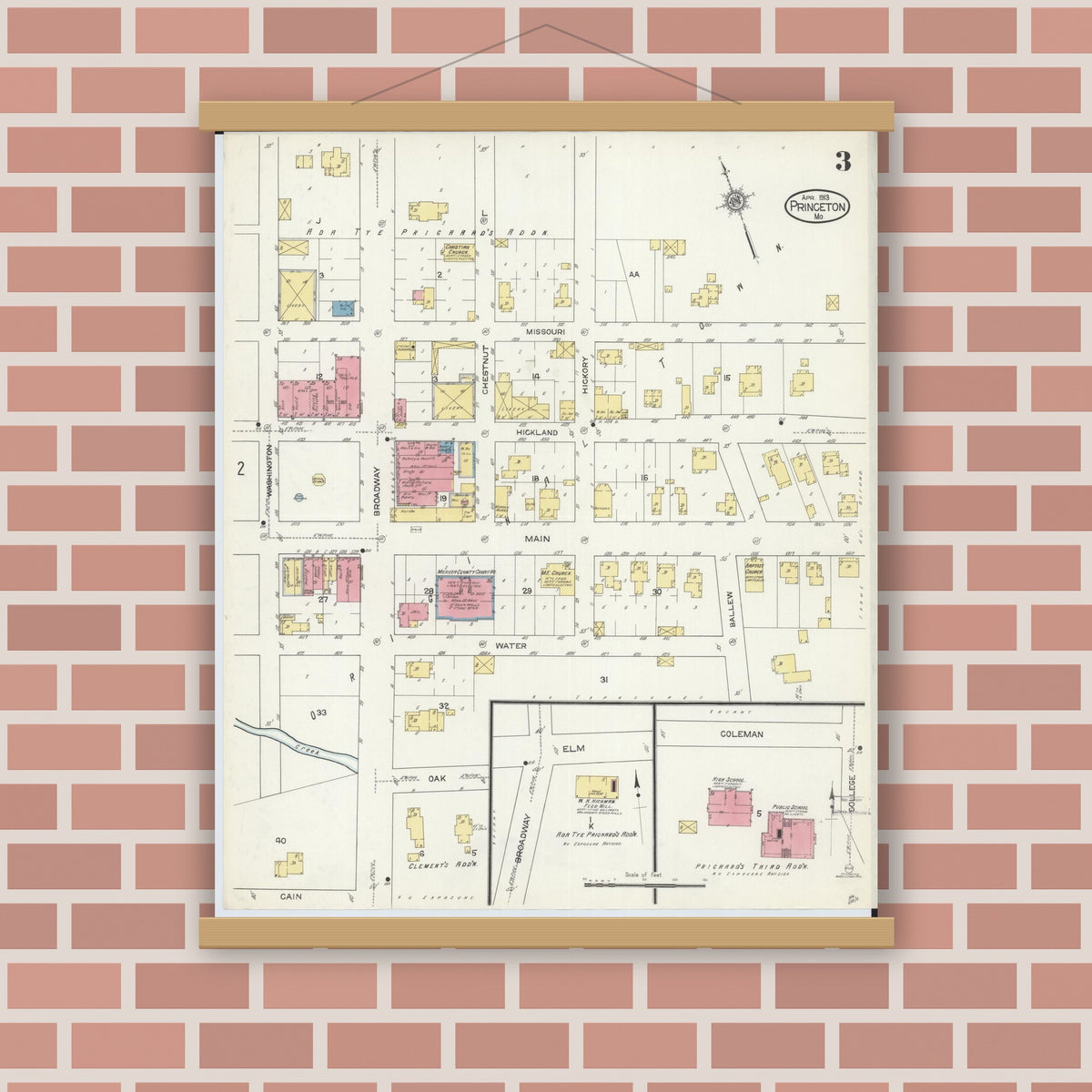 Old map wall art mockup — magnetic wood frame on brick wall — Sanborn Fire Insurance Map from Princeton, Mercer County, Missouri (1913), Sheet #0003