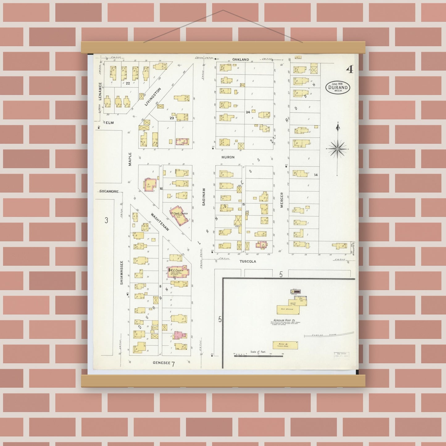 Old map wall art mockup — magnetic wood frame on brick wall — Sanborn Fire Insurance Map from Durand, Shiawassee County, Michigan (1908), Sheet #0004