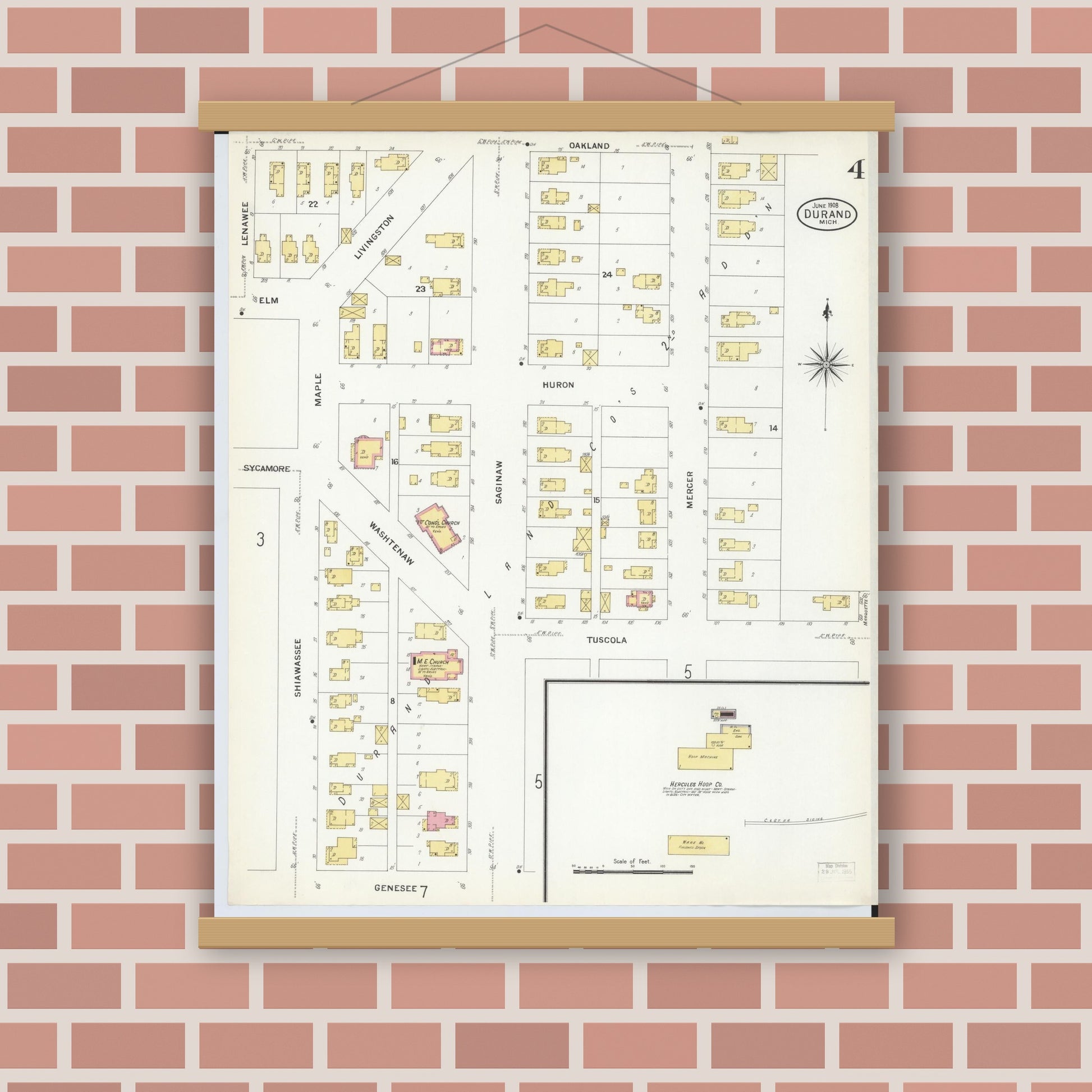 Old map wall art mockup — magnetic wood frame on brick wall — Sanborn Fire Insurance Map from Durand, Shiawassee County, Michigan (1908), Sheet #0004