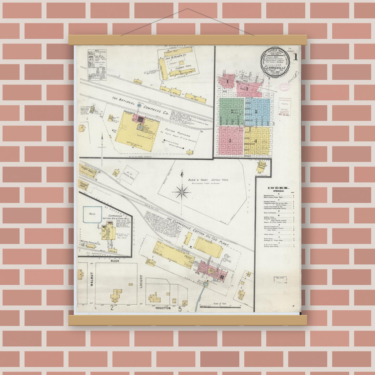 Old map wall art mockup — magnetic wood frame on brick wall — Sanborn Fire Insurance Map from Clarksville, Red River County, Texas (1896) - Complete Map Set
