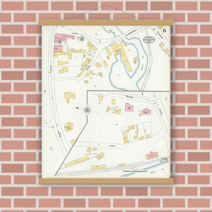 Old map wall art mockup — magnetic wood frame on brick wall — Sanborn Fire Insurance Map from Millbury, Worcester County, Massachusetts (1904), Sheet #0006