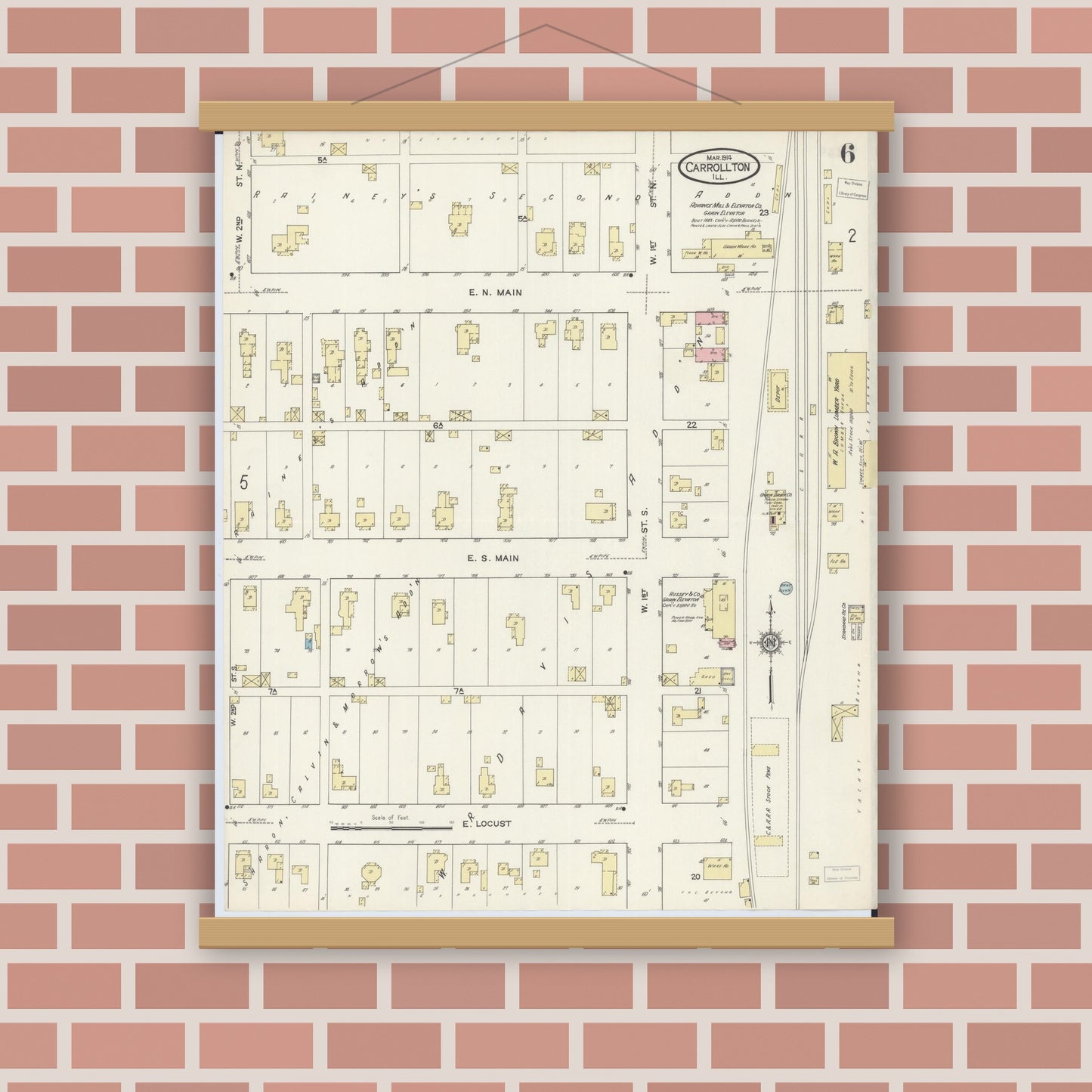 Old map wall art mockup — magnetic wood frame on brick wall — Sanborn Fire Insurance Map from Carrollton, Greene County, Illinois (1914), Sheet #0006