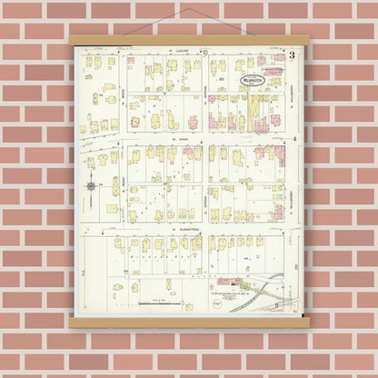 Old map wall art mockup — magnetic wood frame on brick wall — Sanborn Fire Insurance Map from Wilmington, Clinton County, Ohio (1914), Sheet #0003