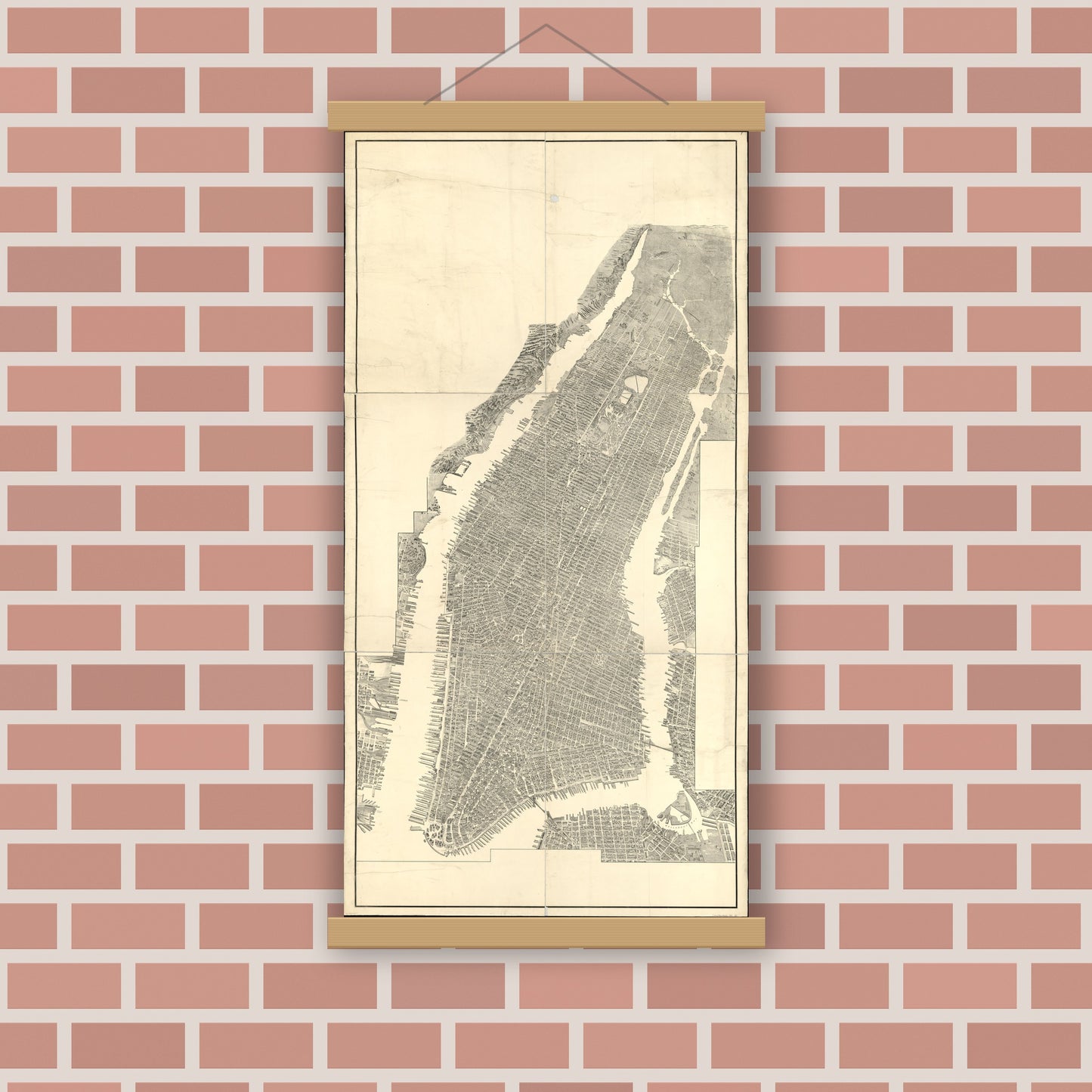 Old map wall art mockup — magnetic wood frame on brick wall — [Bird's-eye-view of Manhattan and adjacent districts, New York City]. (1900)