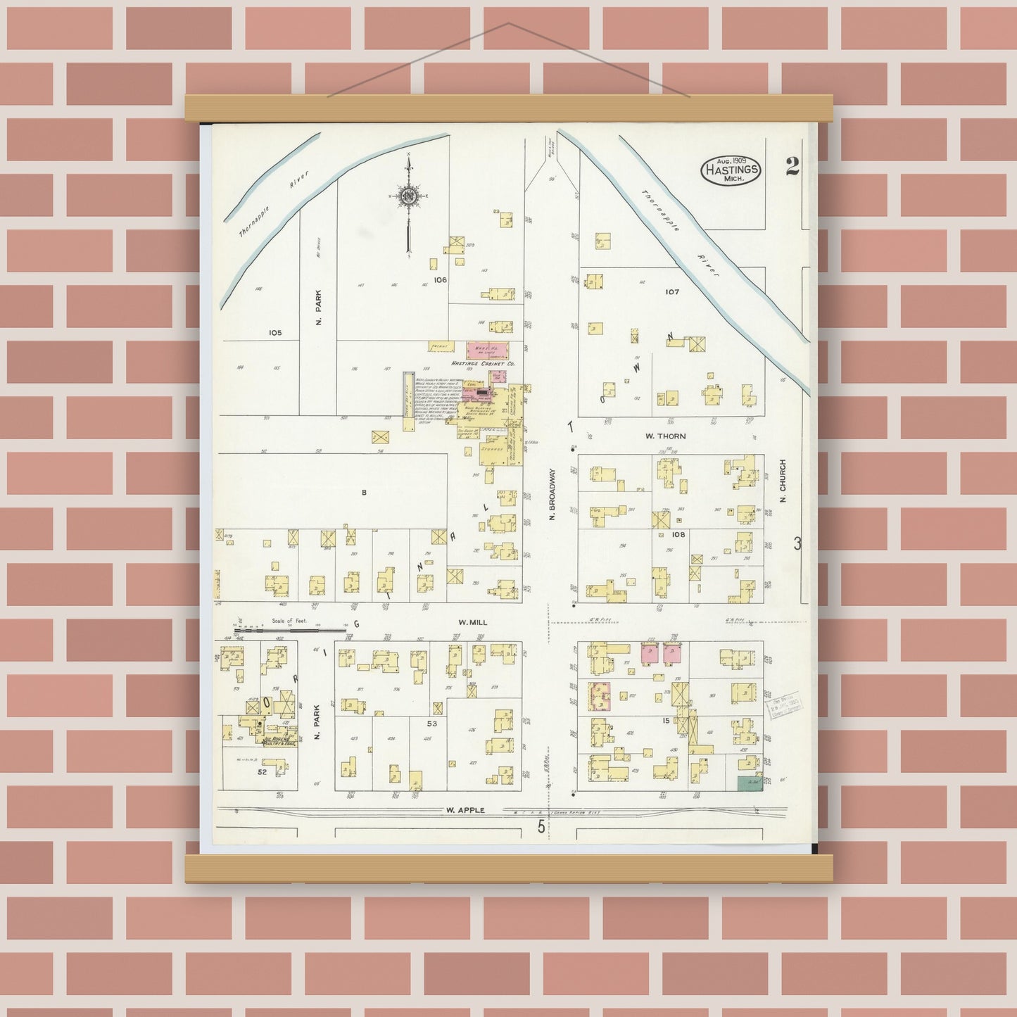 Old map wall art mockup — magnetic wood frame on brick wall — Sanborn Fire Insurance Map from Hastings, Barry County, Michigan (1909), Sheet #0002