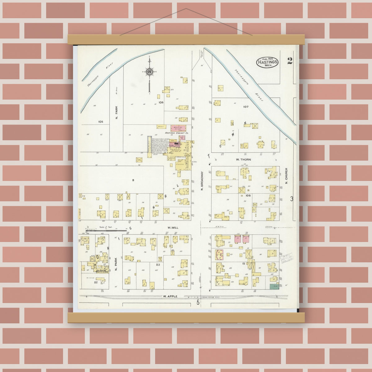 Old map wall art mockup — magnetic wood frame on brick wall — Sanborn Fire Insurance Map from Hastings, Barry County, Michigan (1909), Sheet #0002