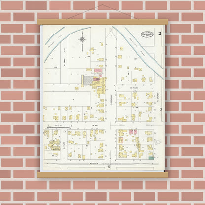 Old map wall art mockup — magnetic wood frame on brick wall — Sanborn Fire Insurance Map from Hastings, Barry County, Michigan (1909), Sheet #0002
