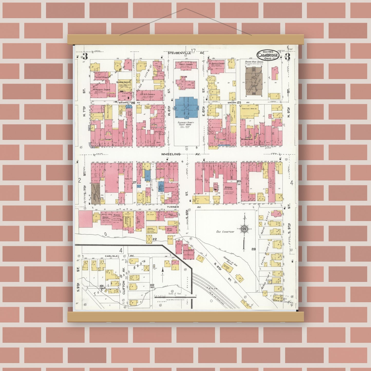 Old map wall art mockup — magnetic wood frame on brick wall — Sanborn Fire Insurance Map from Cambridge, Guernsey County, Ohio (1923), Sheet #0003