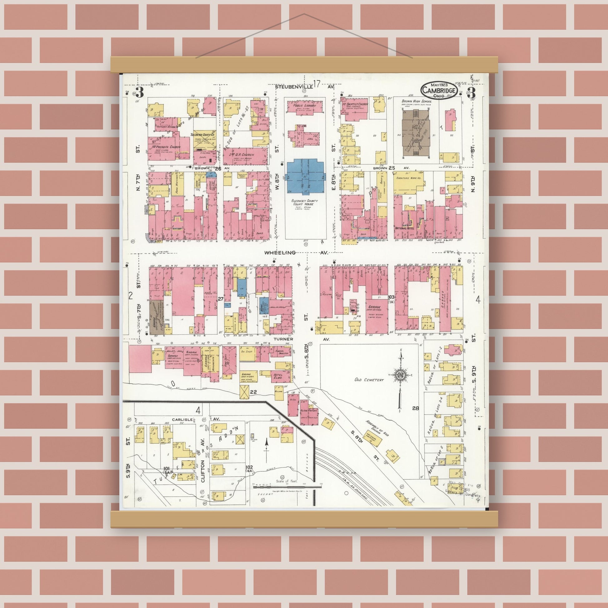 Old map wall art mockup — magnetic wood frame on brick wall — Sanborn Fire Insurance Map from Cambridge, Guernsey County, Ohio (1923), Sheet #0003