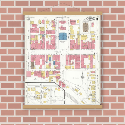 Old map wall art mockup — magnetic wood frame on brick wall — Sanborn Fire Insurance Map from Cambridge, Guernsey County, Ohio (1923), Sheet #0003