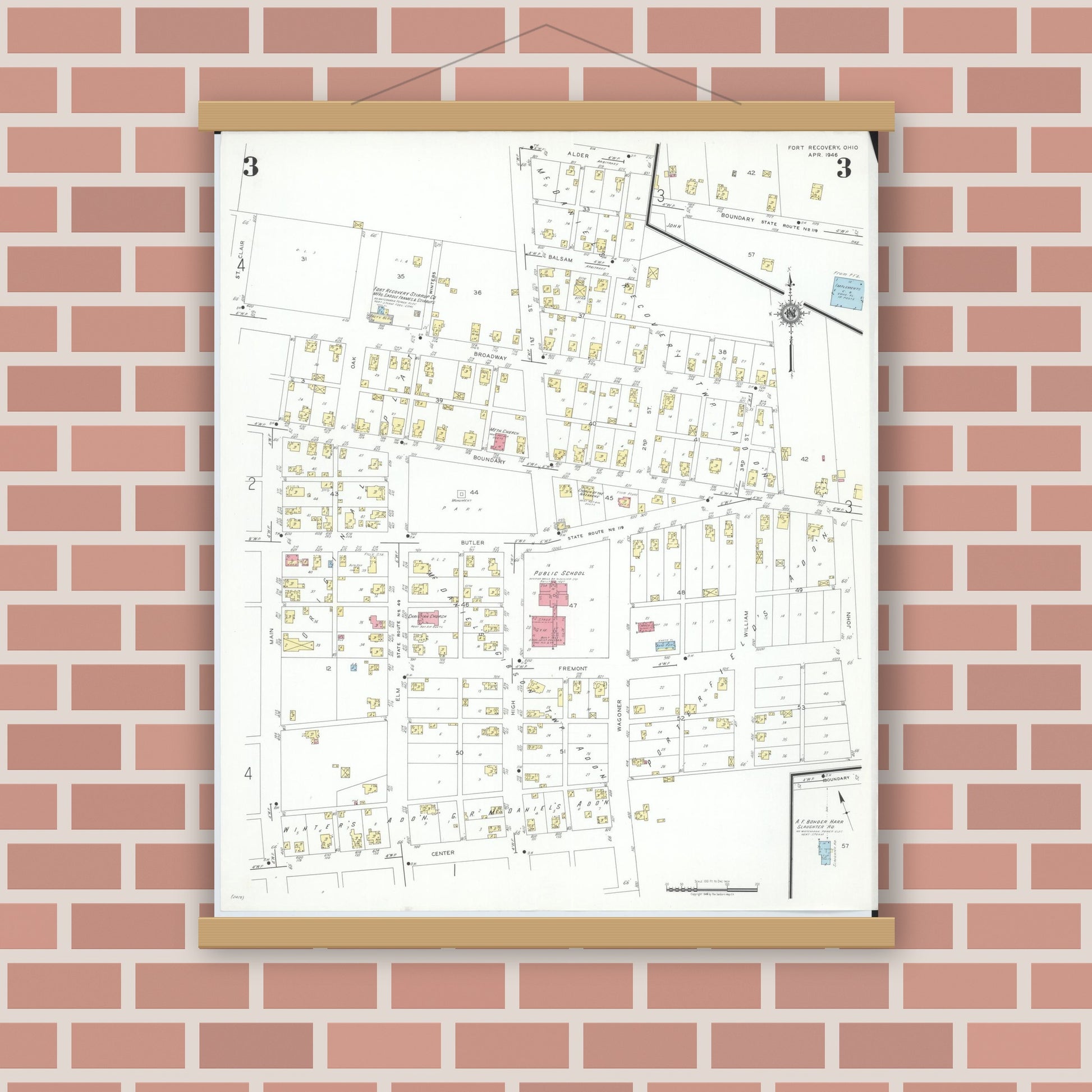 Old map wall art mockup — magnetic wood frame on brick wall — Sanborn Fire Insurance Map from Fort Recovery, Mercer County, Ohio (1946), Sheet #0003