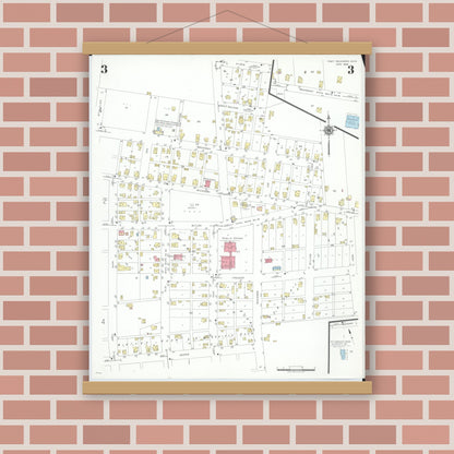 Old map wall art mockup — magnetic wood frame on brick wall — Sanborn Fire Insurance Map from Fort Recovery, Mercer County, Ohio (1946), Sheet #0003