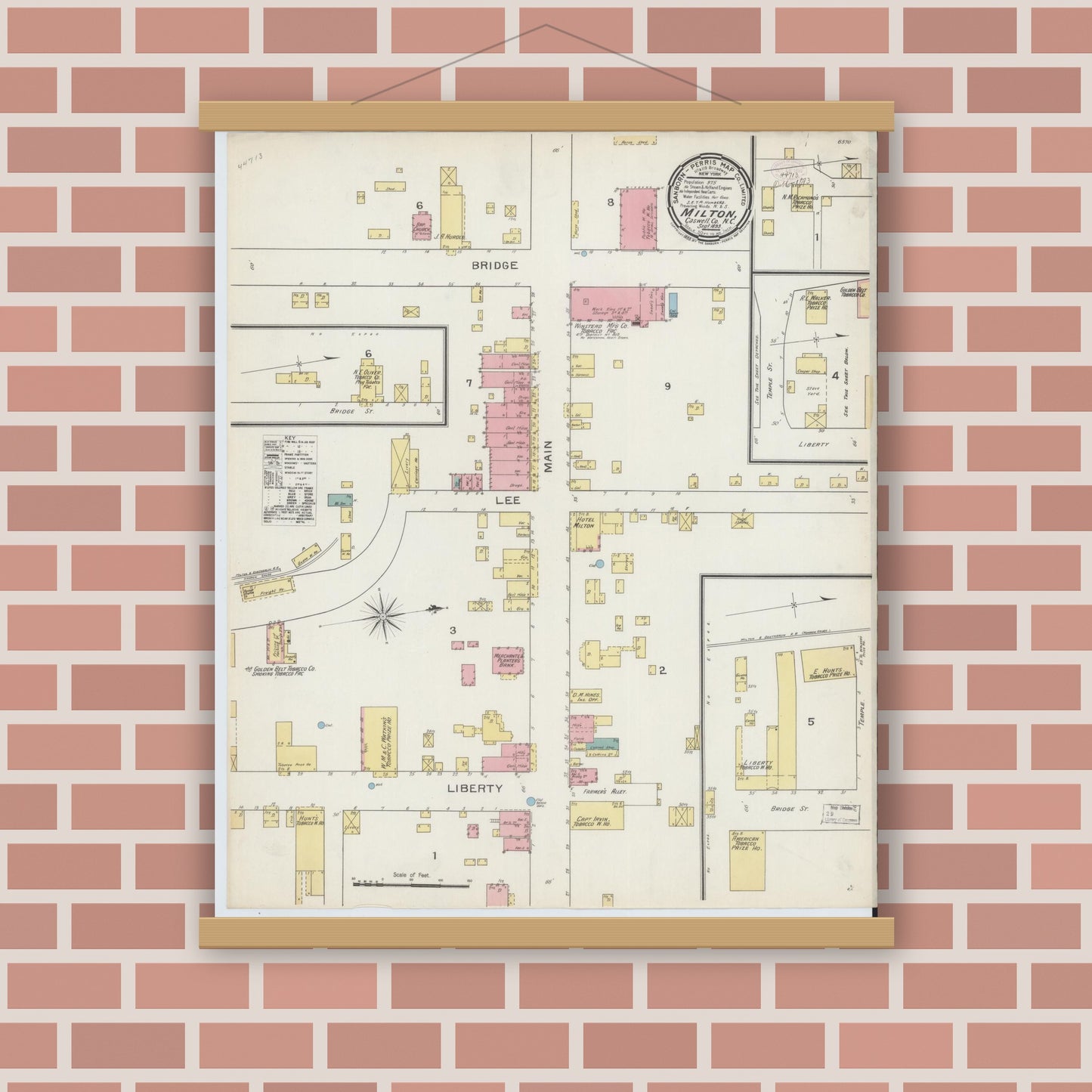 Old map wall art mockup — magnetic wood frame on brick wall — Sanborn Fire Insurance Map from Milton, Caswell County, North Carolina (1893), Sheet #0001