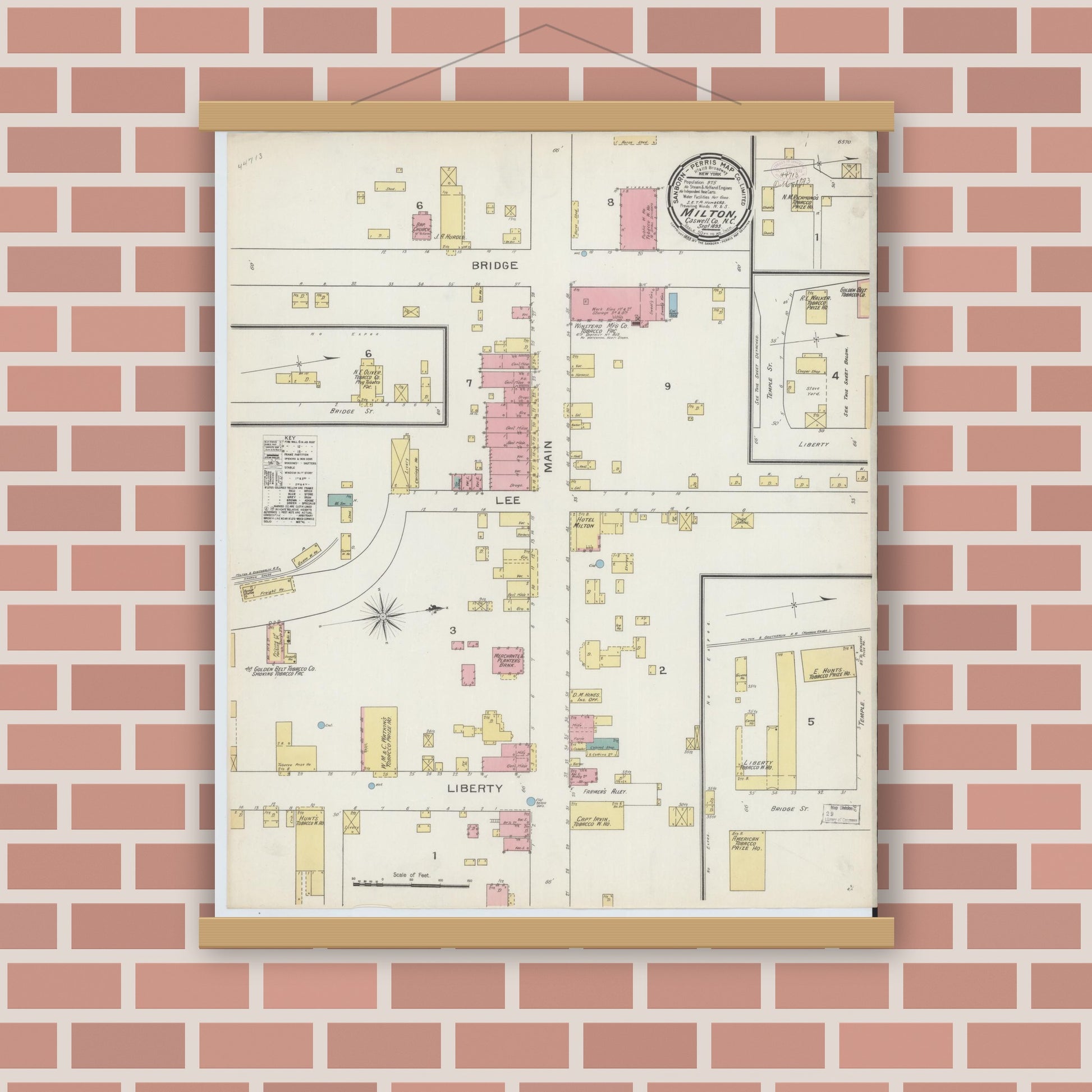 Old map wall art mockup — magnetic wood frame on brick wall — Sanborn Fire Insurance Map from Milton, Caswell County, North Carolina (1893), Sheet #0001
