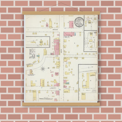 Old map wall art mockup — magnetic wood frame on brick wall — Sanborn Fire Insurance Map from Milton, Caswell County, North Carolina (1893), Sheet #0001