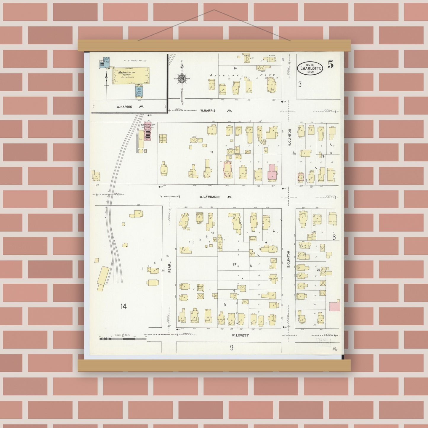Old map wall art mockup — magnetic wood frame on brick wall — Sanborn Fire Insurance Map from Charlotte, Eaton County, Michigan (1911), Sheet #0005