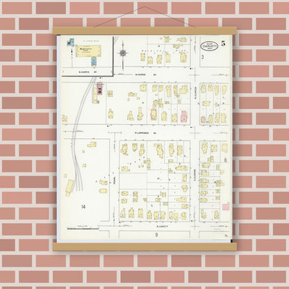 Old map wall art mockup — magnetic wood frame on brick wall — Sanborn Fire Insurance Map from Charlotte, Eaton County, Michigan (1911), Sheet #0005