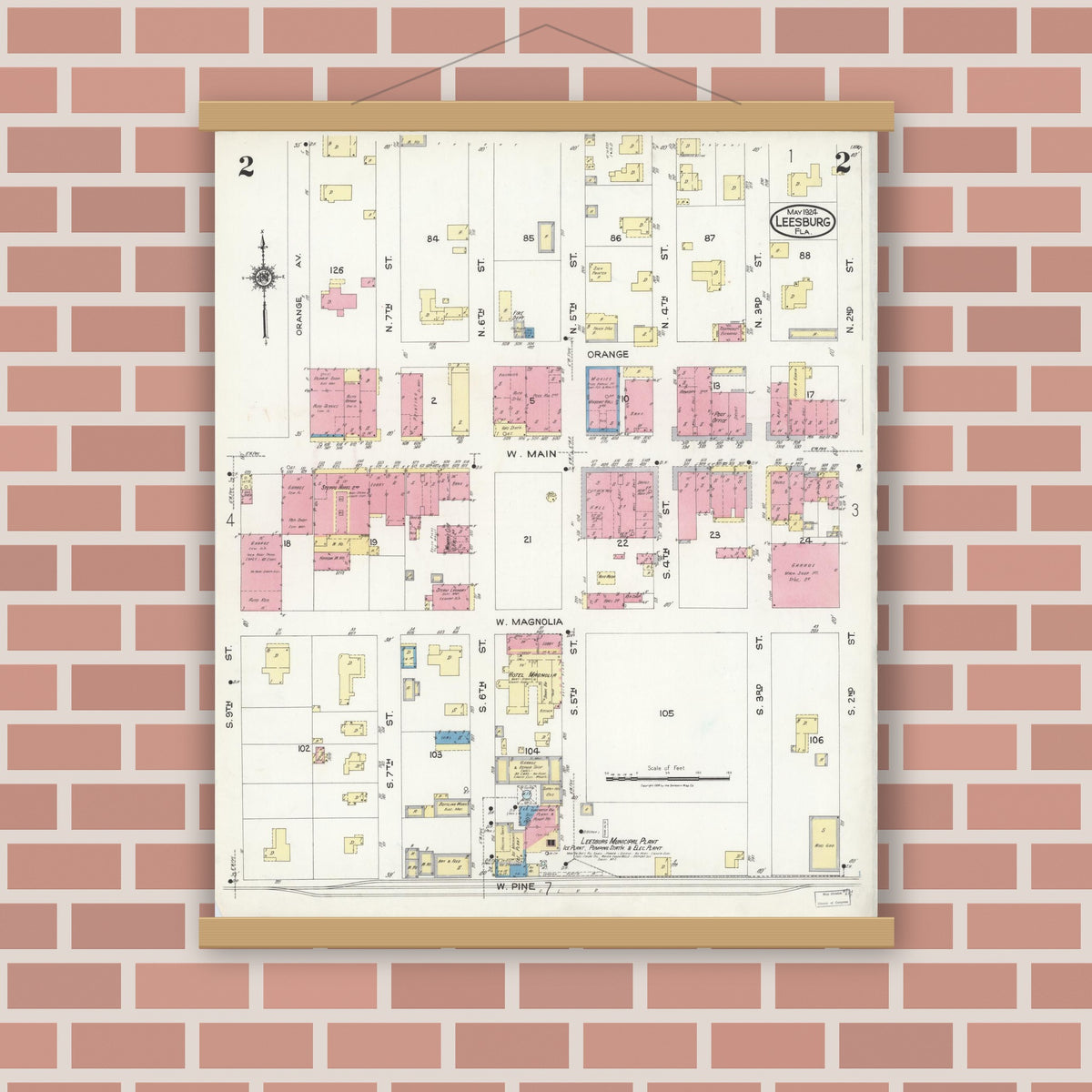 Old map wall art mockup — magnetic wood frame on brick wall — Sanborn Fire Insurance Map from Leesburg, Lake County, Florida (1924), Sheet #0002