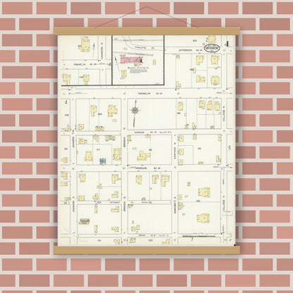 Old map wall art mockup — magnetic wood frame on brick wall — Sanborn Fire Insurance Map from Monroe, Union County, North Carolina (1914), Sheet #0004