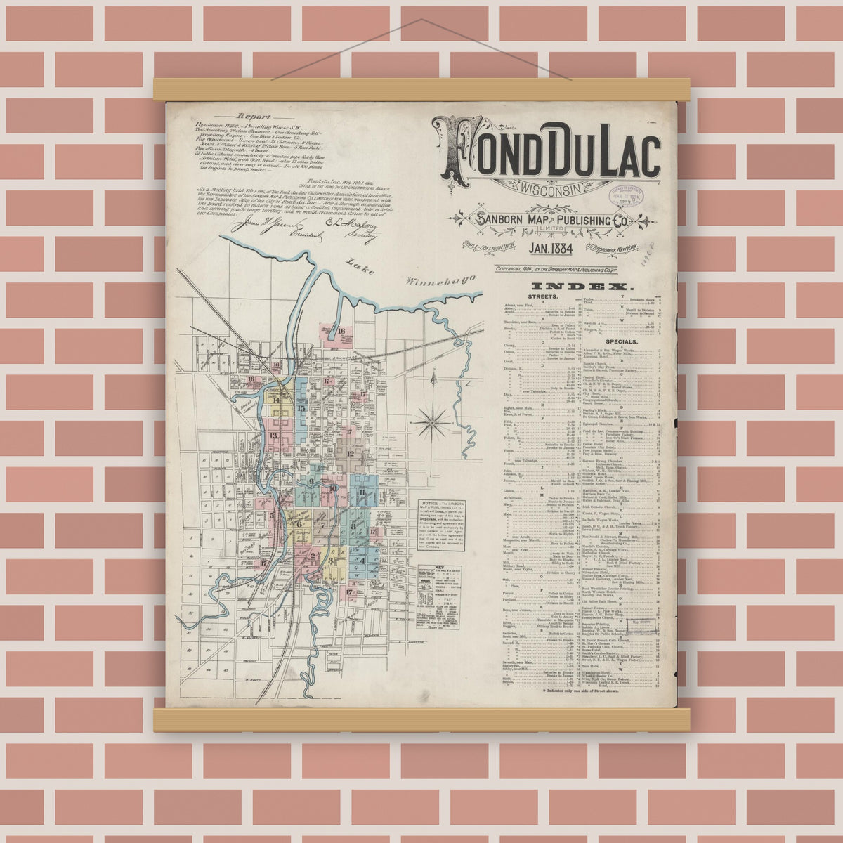 Old map wall art mockup — magnetic wood frame on brick wall — Sanborn Fire Insurance Map from Fond du Lac, Fond du Lac County, Wisconsin (1884), Sheet #0001