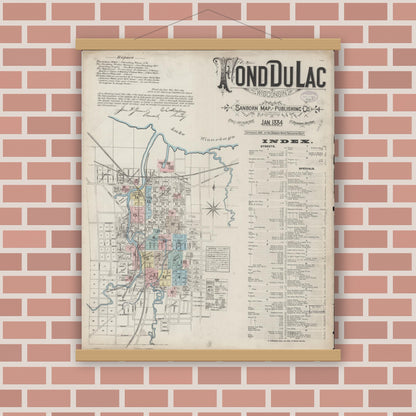 Old map wall art mockup — magnetic wood frame on brick wall — Sanborn Fire Insurance Map from Fond du Lac, Fond du Lac County, Wisconsin (1884), Sheet #0001