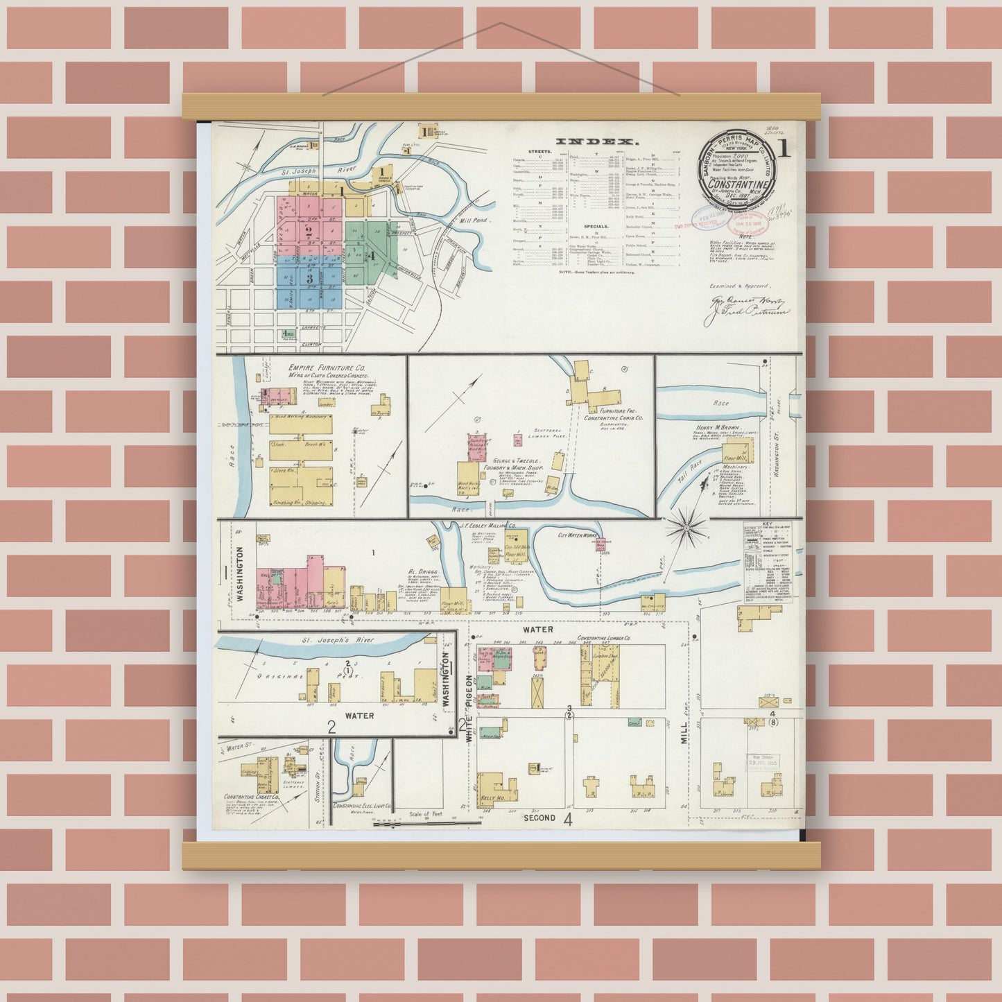 Old map wall art mockup — magnetic wood frame on brick wall — Sanborn Fire Insurance Map from Constantine, Saint Joseph County, Michigan (1897) - Complete Map Set