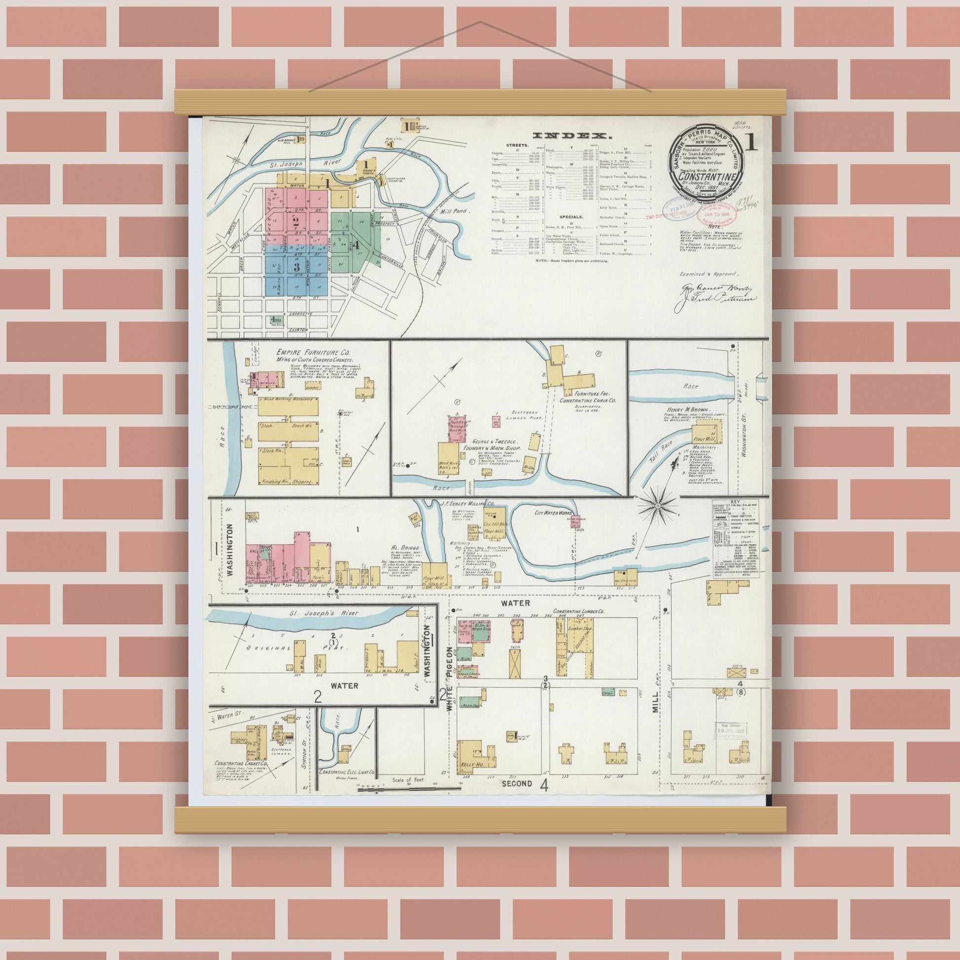 Old map wall art mockup — magnetic wood frame on brick wall — Sanborn Fire Insurance Map from Constantine, Saint Joseph County, Michigan (1897) - Complete Map Set