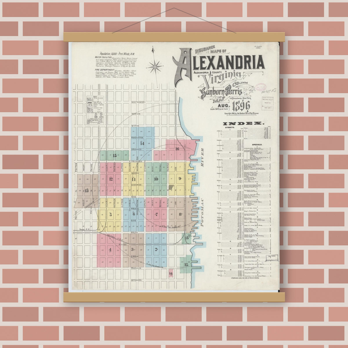 Old map wall art mockup — magnetic wood frame on brick wall — Sanborn Fire Insurance Map from Alexandria, Independent Cities, Virginia (1891) - Complete Map Set