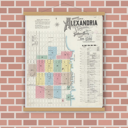 Old map wall art mockup — magnetic wood frame on brick wall — Sanborn Fire Insurance Map from Alexandria, Independent Cities, Virginia (1891) - Complete Map Set