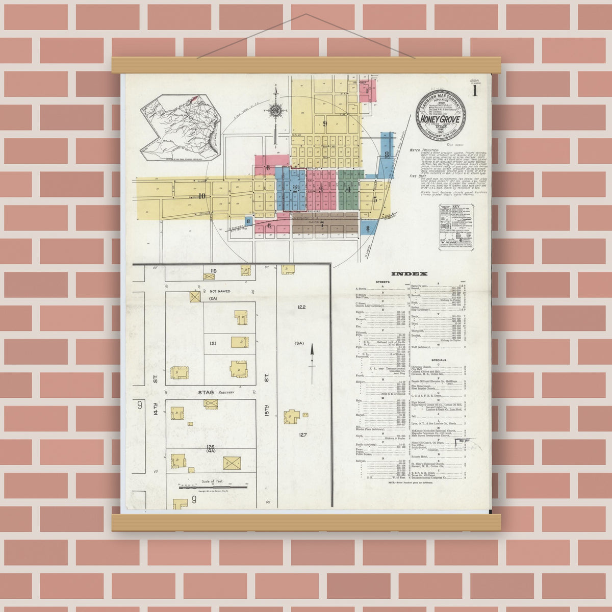 Old map wall art mockup — magnetic wood frame on brick wall — Sanborn Fire Insurance Map from Honey Grove, Fannin County, Texas (1921) - Complete Map Set