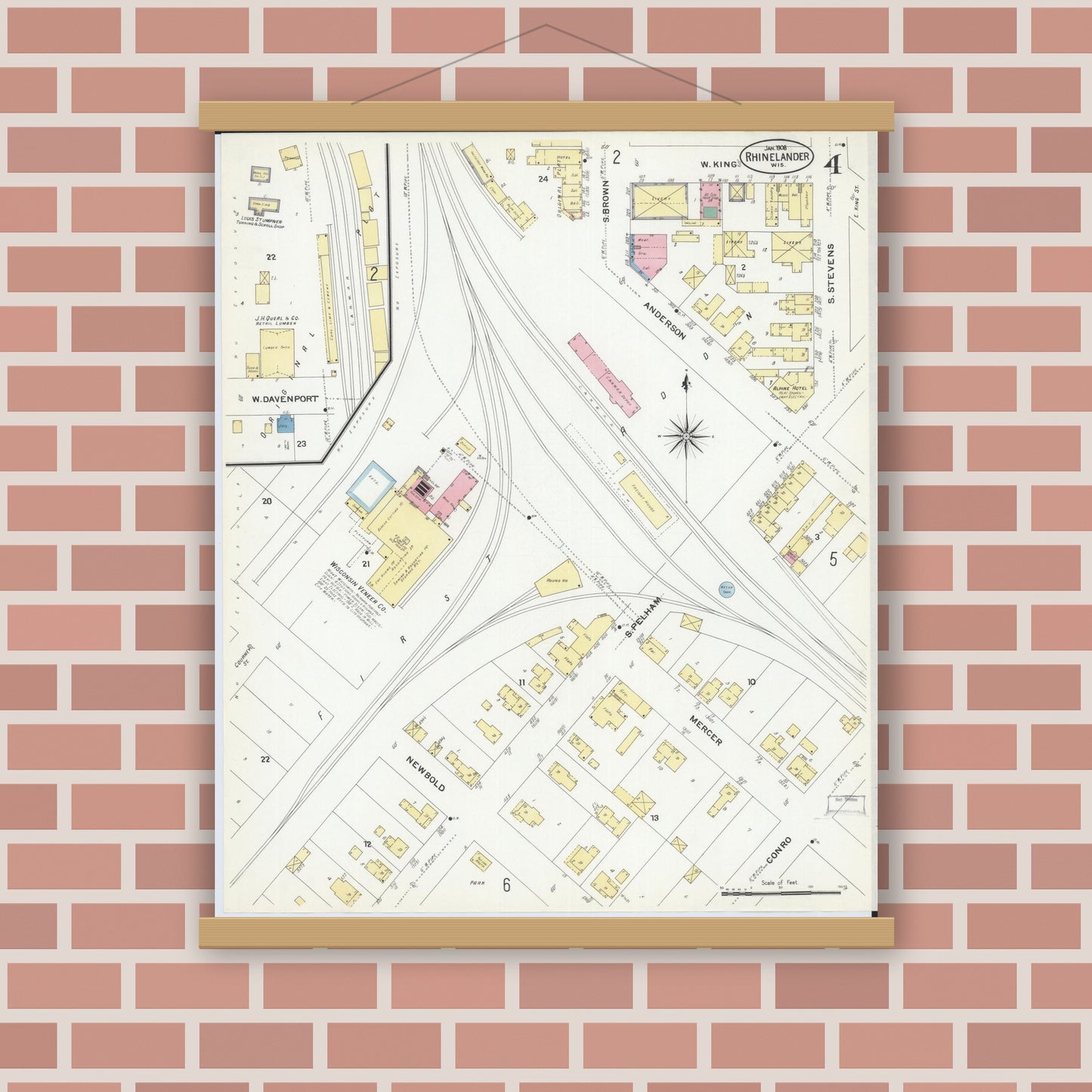 Old map wall art mockup — magnetic wood frame on brick wall — Sanborn Fire Insurance Map from Rhinelander, Oneida County, Wisconsin (1908), Sheet #0004
