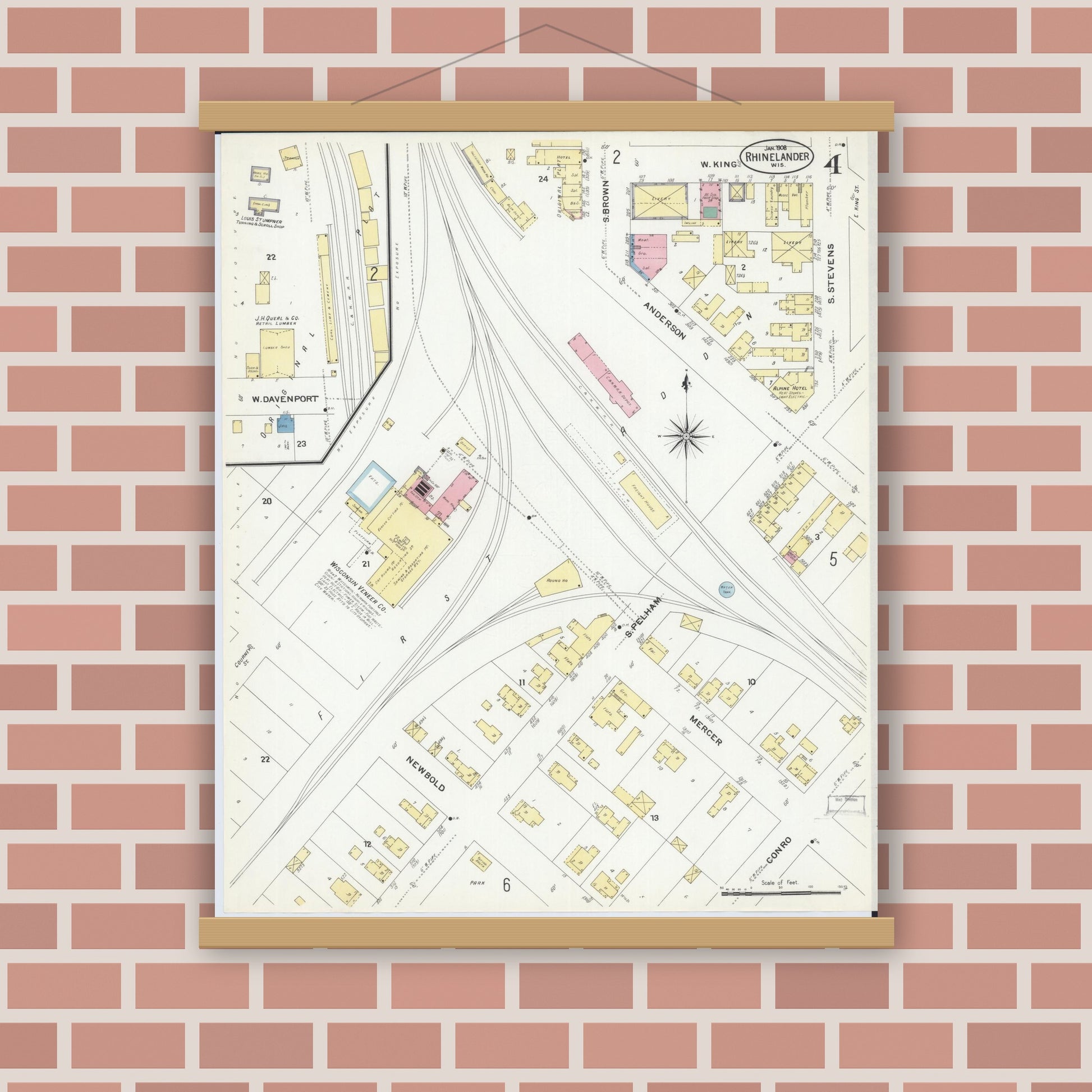 Old map wall art mockup — magnetic wood frame on brick wall — Sanborn Fire Insurance Map from Rhinelander, Oneida County, Wisconsin (1908), Sheet #0004