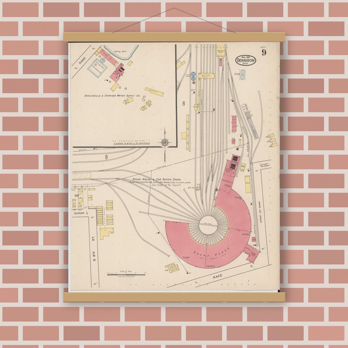 Old map wall art mockup — magnetic wood frame on brick wall — Sanborn Fire Insurance Map from Dennison, Tuscarawas County, Ohio (1921), Sheet #0009