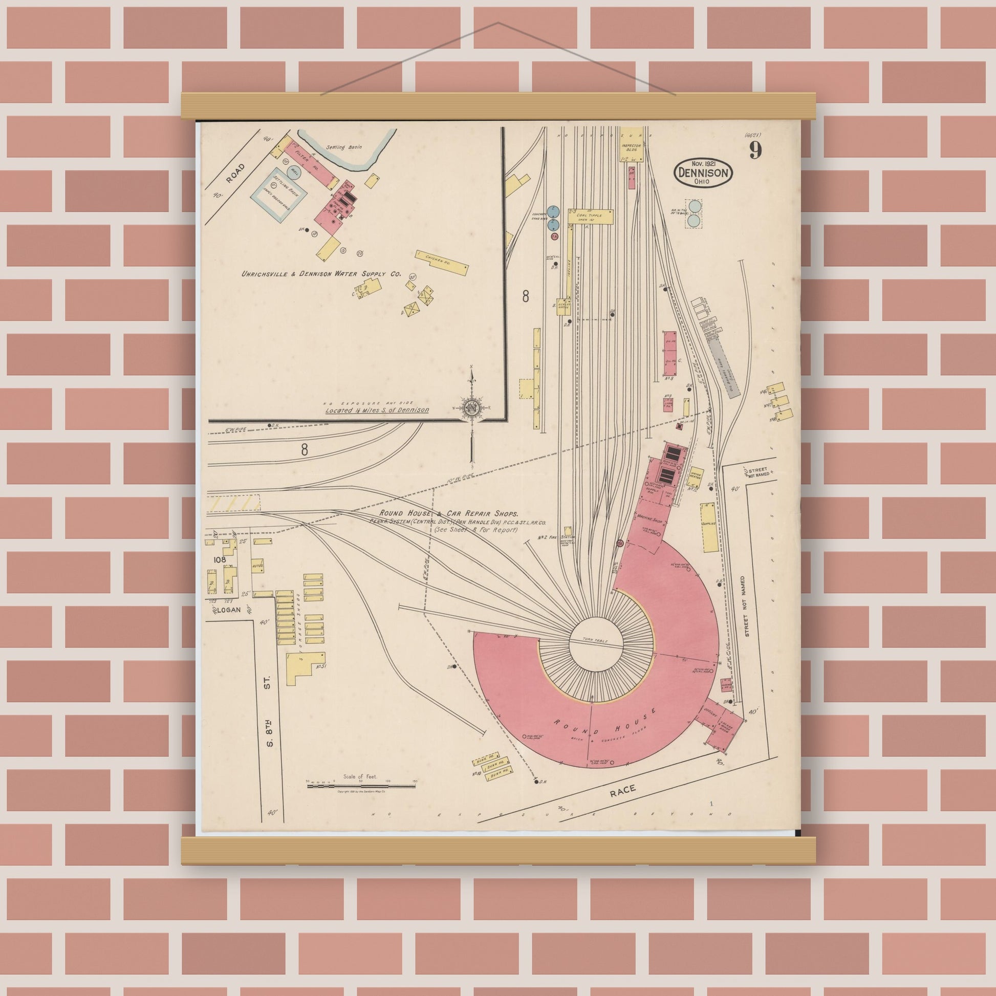 Old map wall art mockup — magnetic wood frame on brick wall — Sanborn Fire Insurance Map from Dennison, Tuscarawas County, Ohio (1921), Sheet #0009
