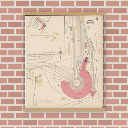 Old map wall art mockup — magnetic wood frame on brick wall — Sanborn Fire Insurance Map from Dennison, Tuscarawas County, Ohio (1921), Sheet #0009
