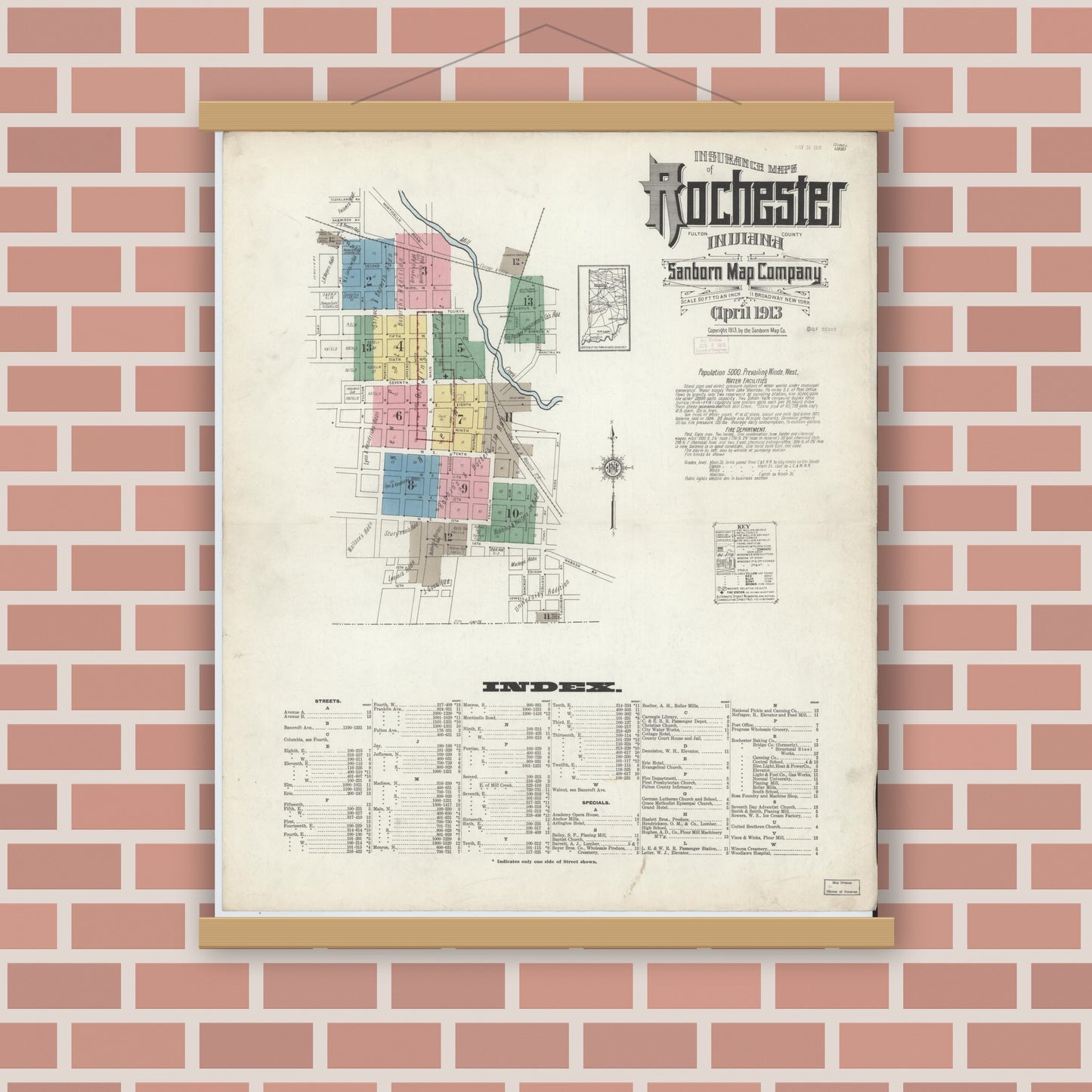 Old map wall art mockup — magnetic wood frame on brick wall — Sanborn Fire Insurance Map from Rochester, Fulton County, Indiana (1913) - Complete Map Set