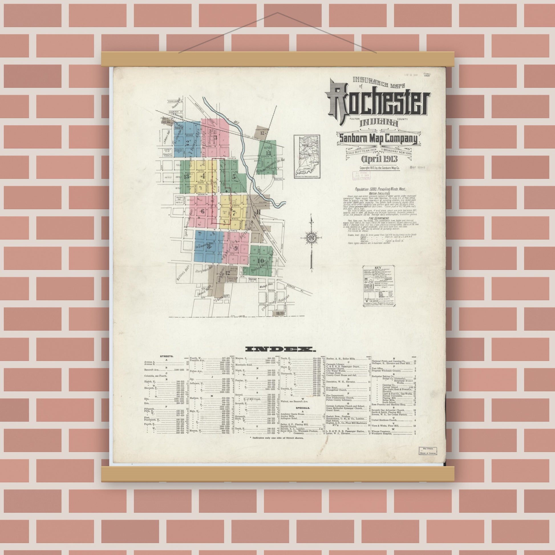 Old map wall art mockup — magnetic wood frame on brick wall — Sanborn Fire Insurance Map from Rochester, Fulton County, Indiana (1913) - Complete Map Set