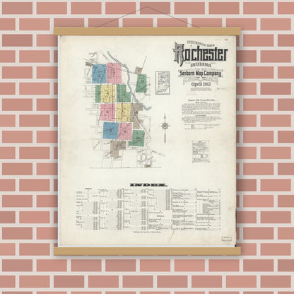 Old map wall art mockup — magnetic wood frame on brick wall — Sanborn Fire Insurance Map from Rochester, Fulton County, Indiana (1913) - Complete Map Set