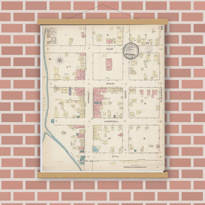 Old map wall art mockup — magnetic wood frame on brick wall — Sanborn Fire Insurance Map from Mount Carroll, Carroll County, Illinois (1885), Sheet #0001