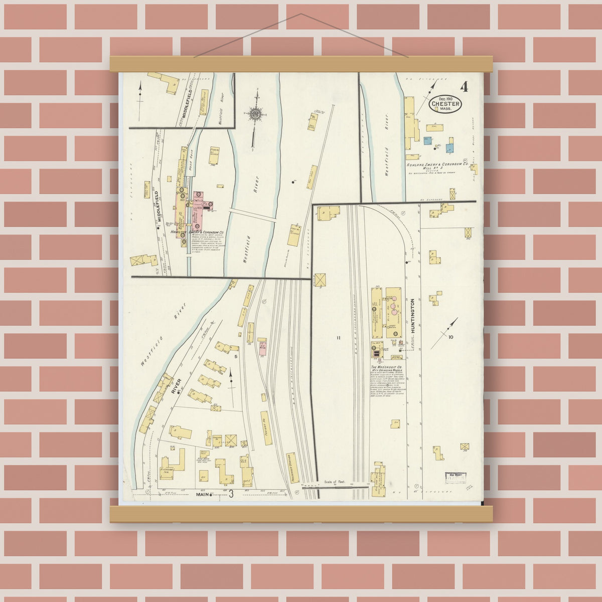 Old map wall art mockup — magnetic wood frame on brick wall — Sanborn Fire Insurance Map from Chester, Hampden County, Massachusetts (1910), Sheet #0004